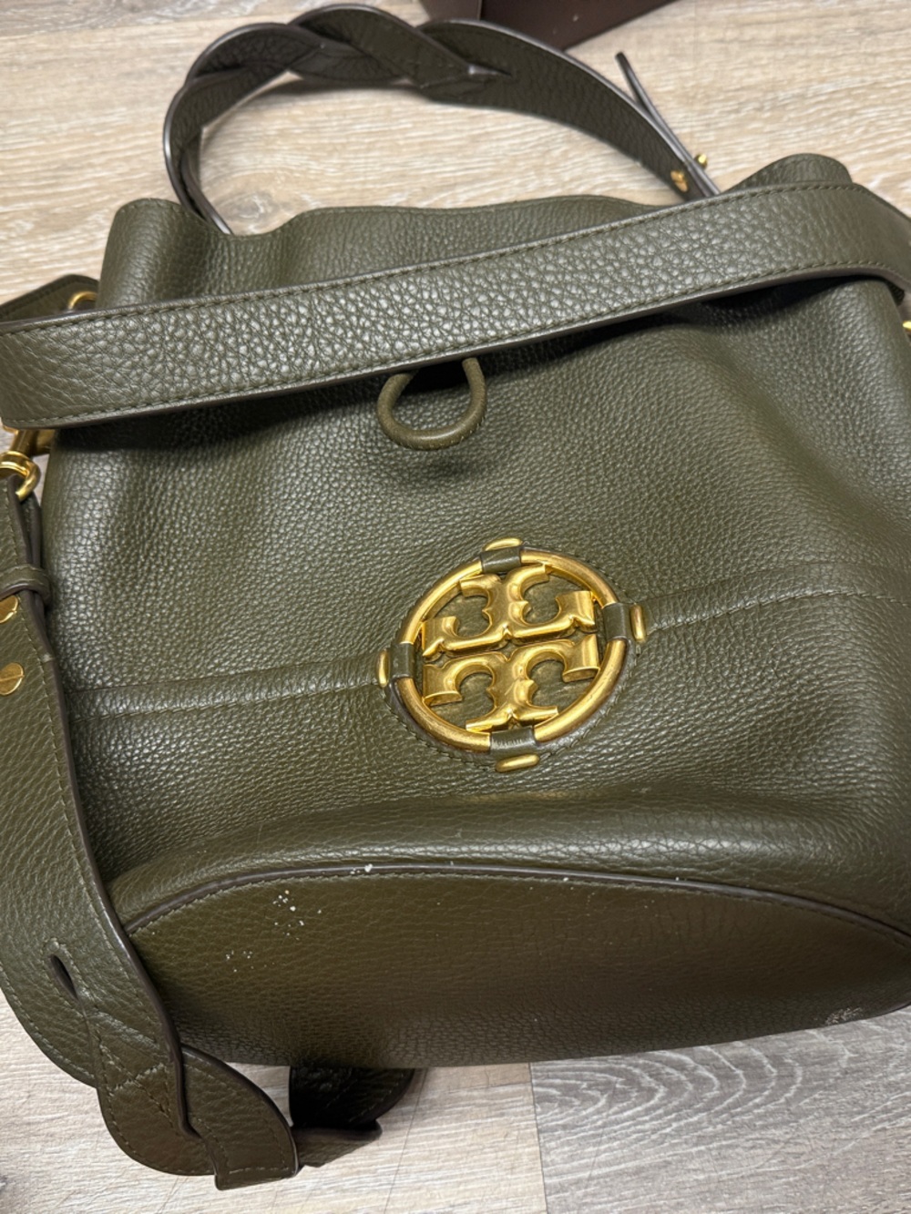 Tory Burch Olive Green Pebbled Leather Crossbody Bag